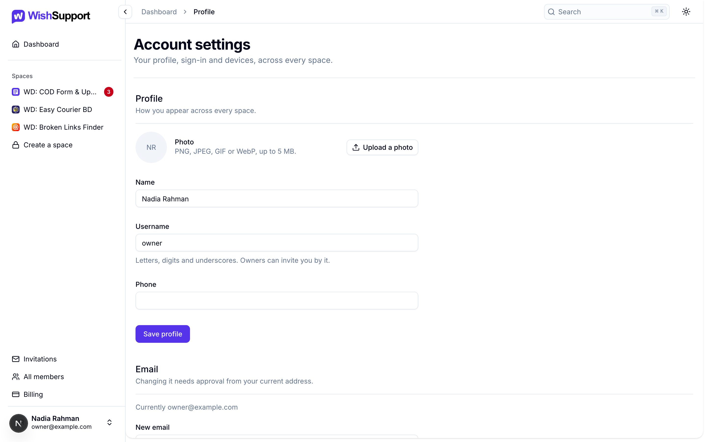 Account settings with the Profile section: photo upload, name, username and phone, then the Email section.