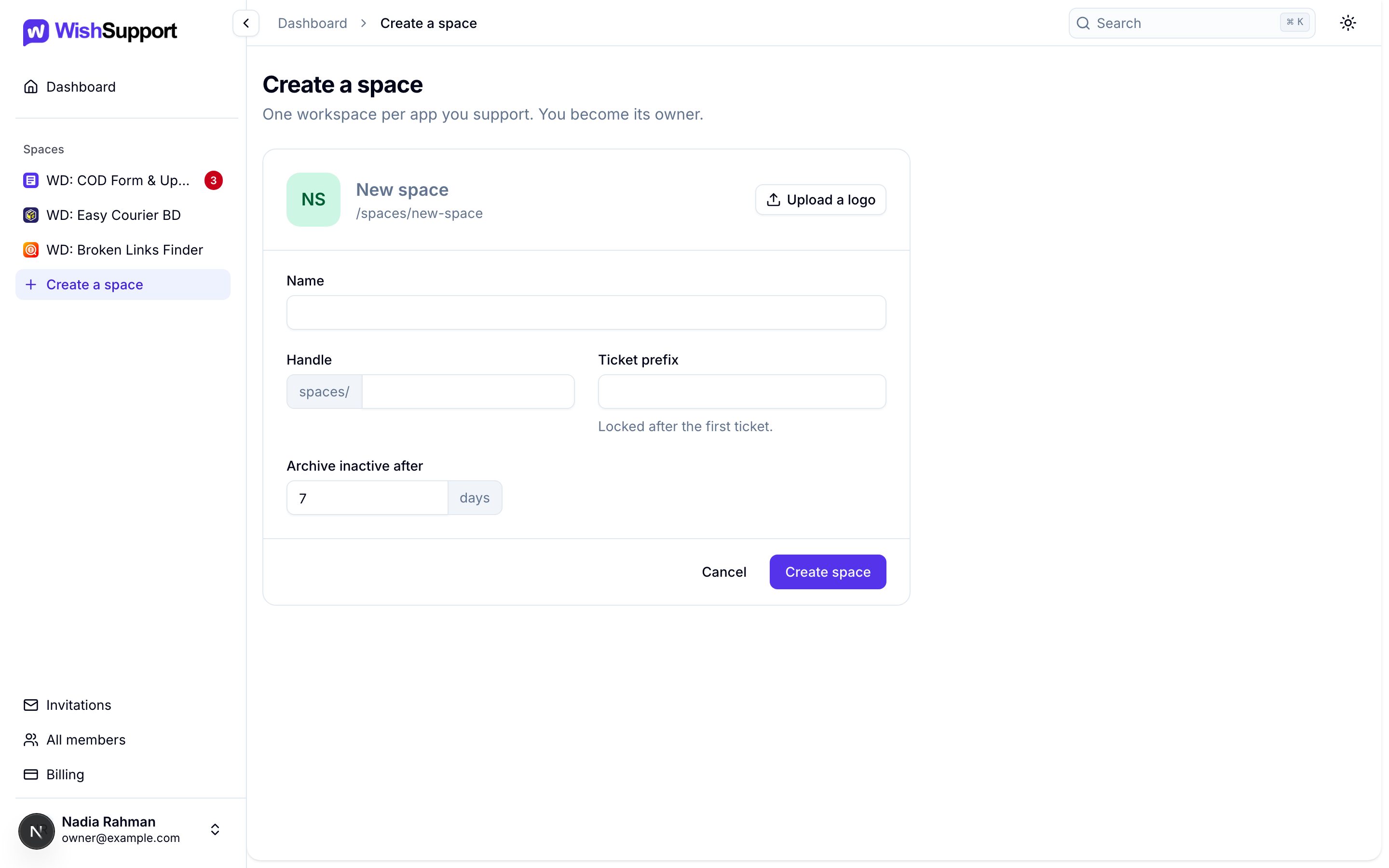 The Create a space form with name, handle, ticket prefix and archive fields, and an Upload a logo button.