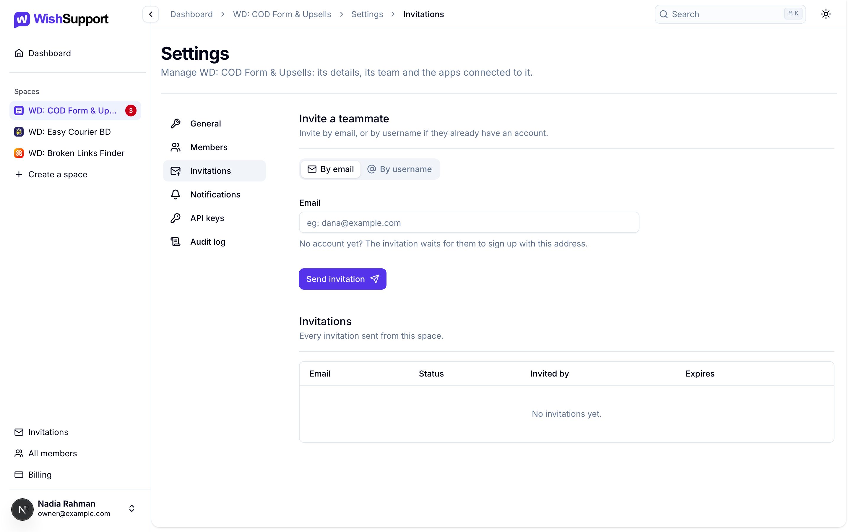 Space settings on the Invitations tab, with an Invite a teammate form offering By email and By username.