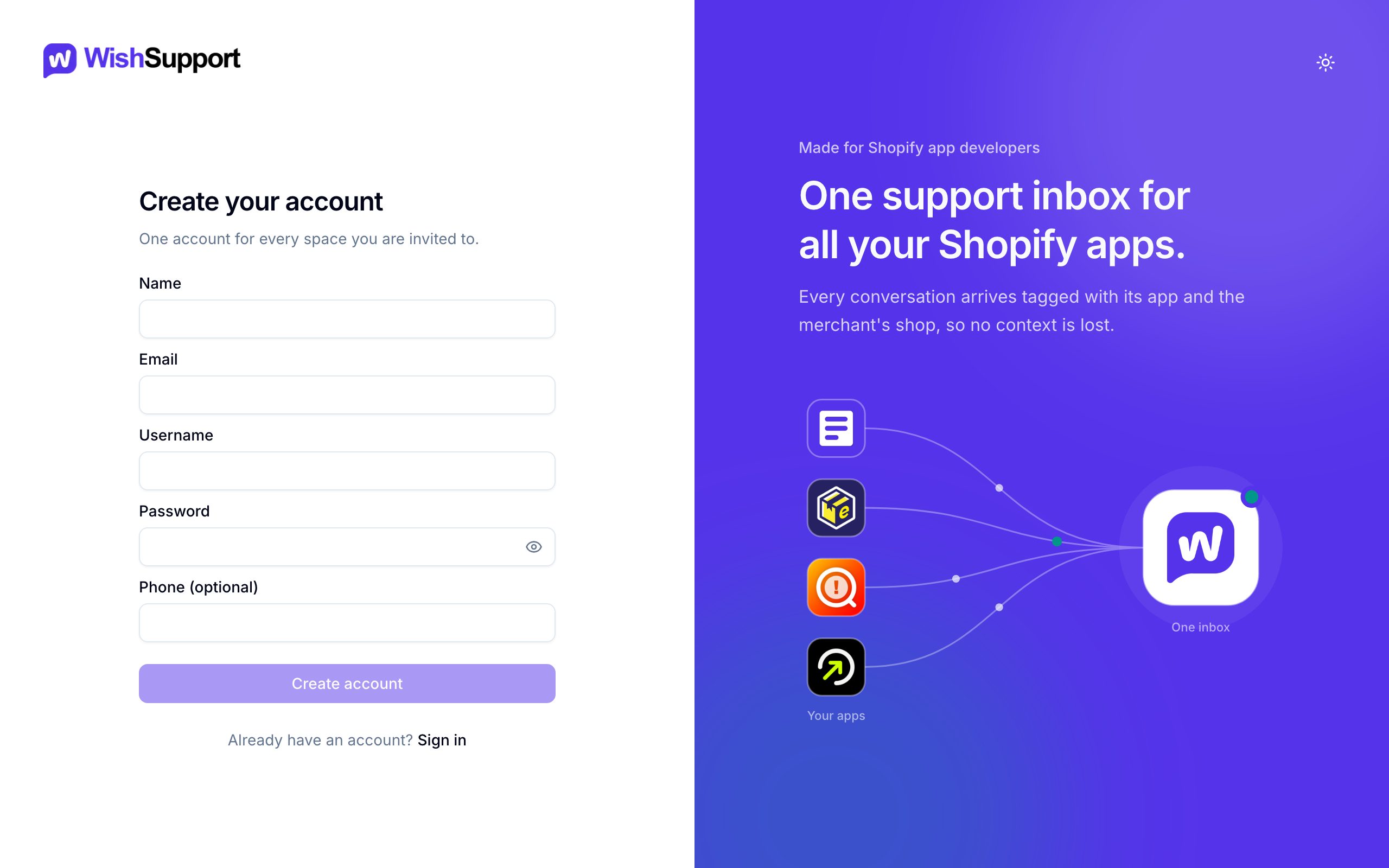 The WishSupport Create your account form with name, email, username, password and optional phone fields.