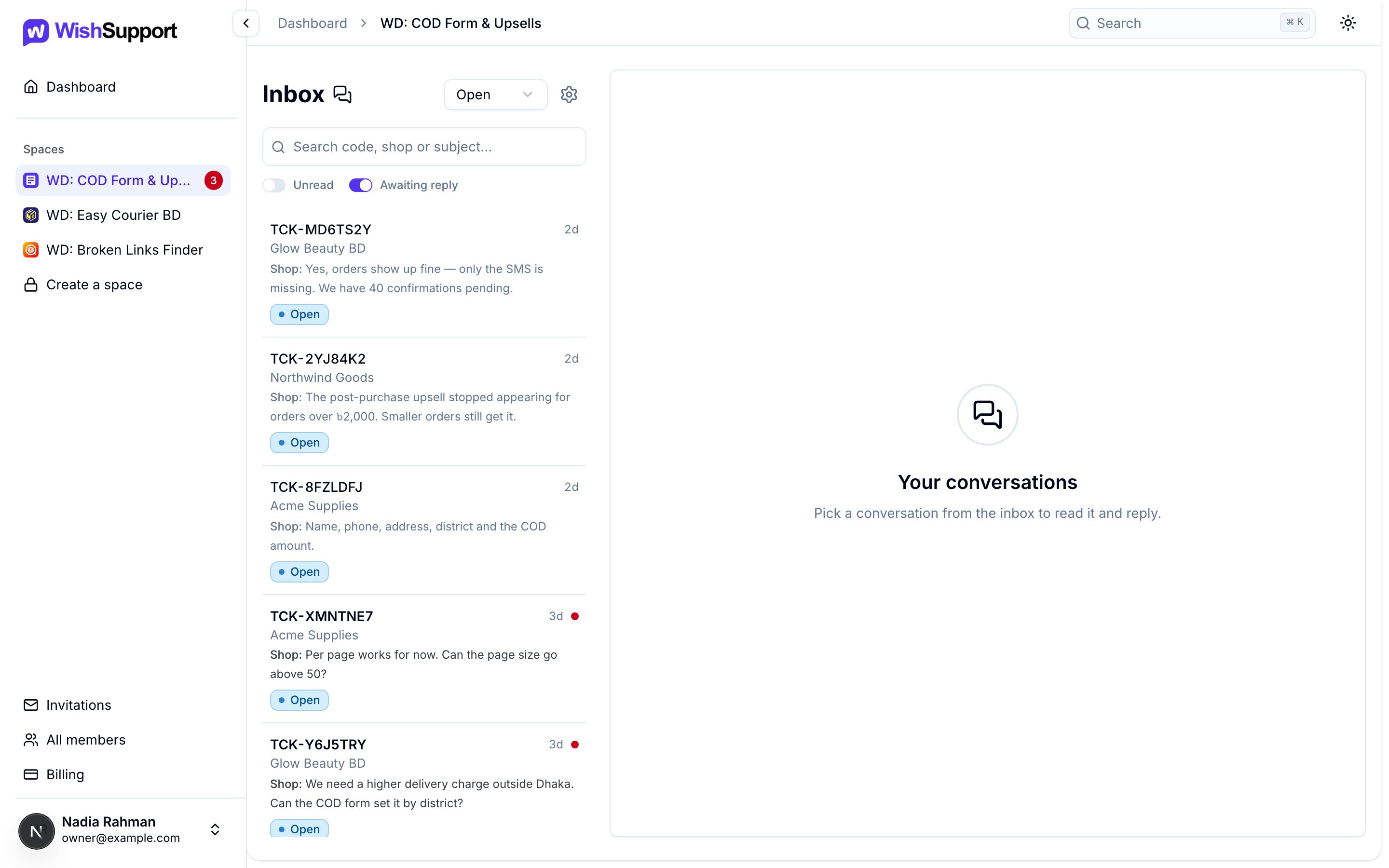 A space inbox with the search box, the status menu, Unread and Awaiting reply switches, and a list of open conversations awaiting a reply.