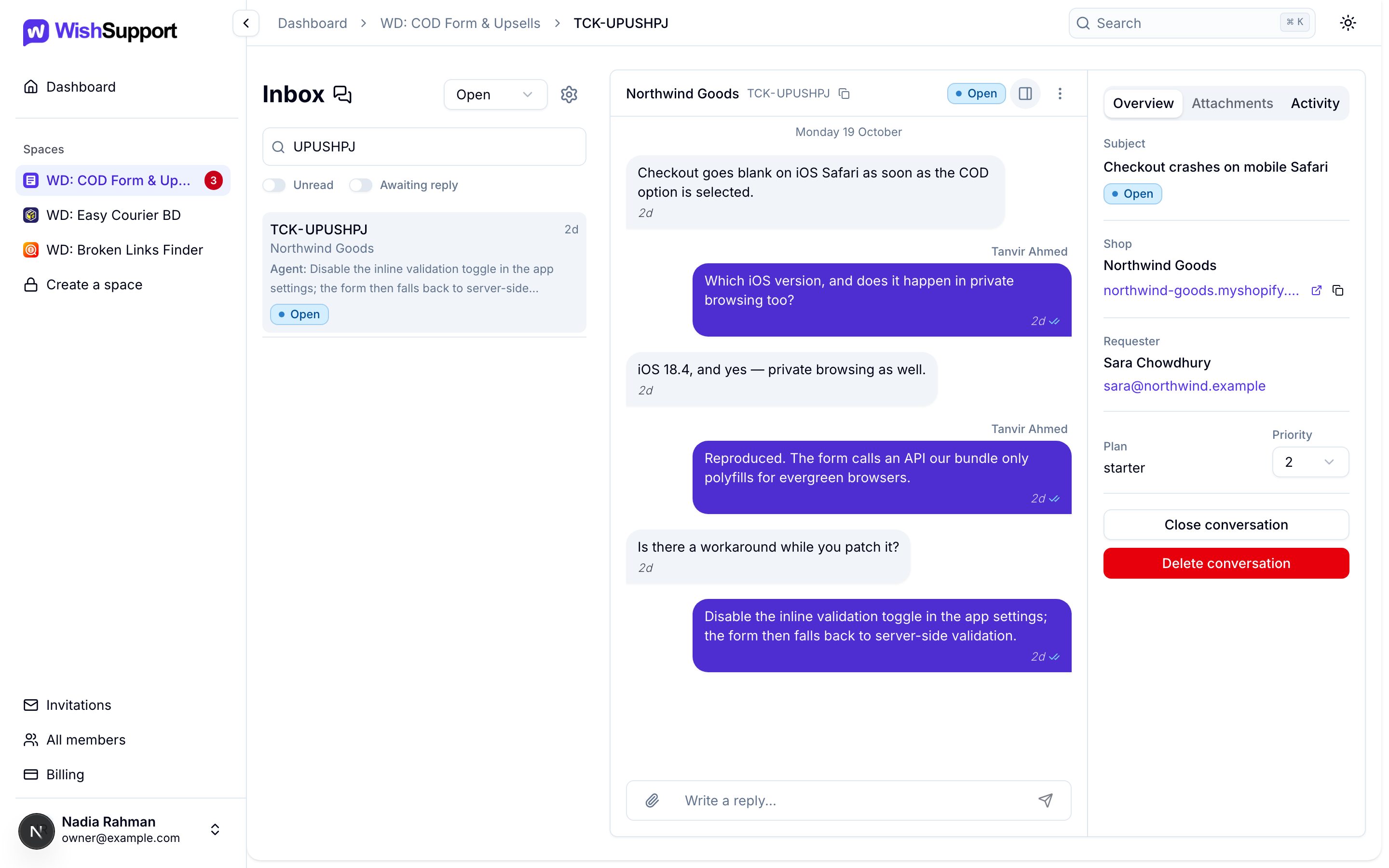 An open conversation: the message thread in the middle and the details panel on the right with subject, shop, requester, plan, priority, and Close and Delete buttons.