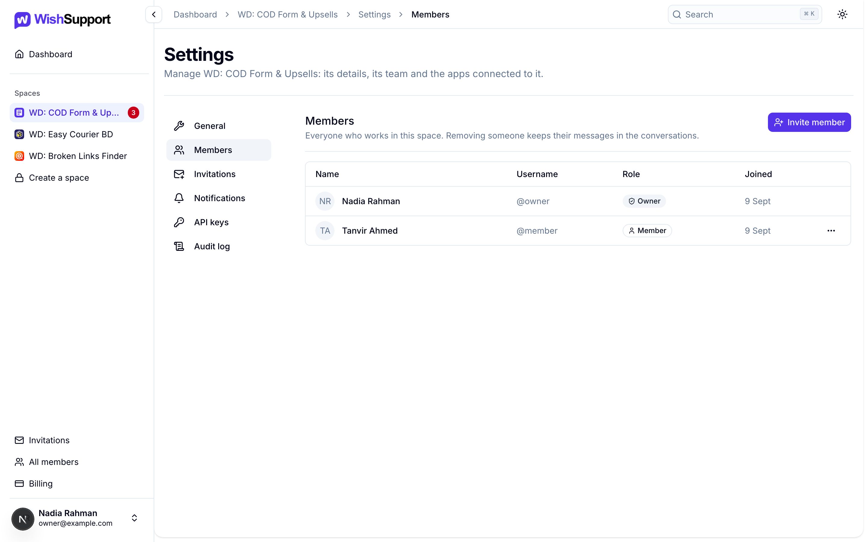 The Members tab listing the owner and one member with username, role and join date, and an Invite member button.